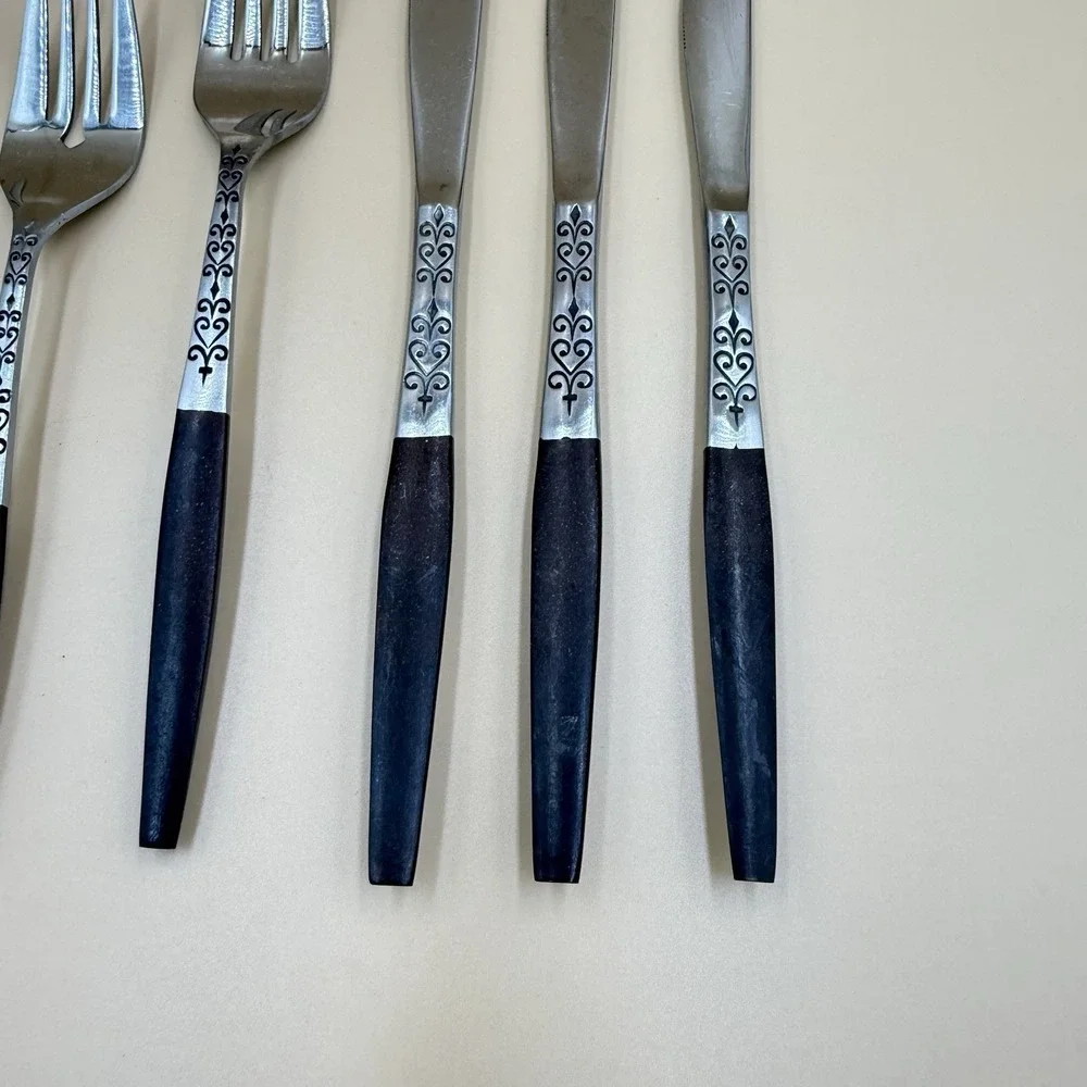 Lot of 7 Interpur Stainless Steel Brown Handle Dinner  Flatware Japan Replace